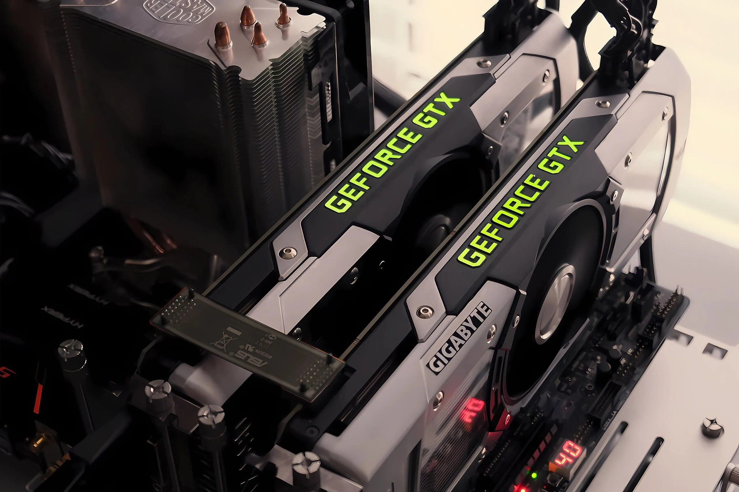 Hai card đồ họa Nvidia GTX 690 được kết nối qua SLI, minh họa công nghệ đa GPU thời kỳ đầu