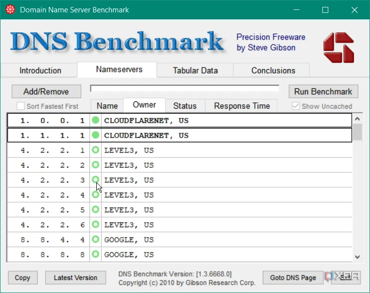 Hiển thị giao diện công cụ DNS Benchmark của Gibson Research Corporation để kiểm tra tốc độ DNS