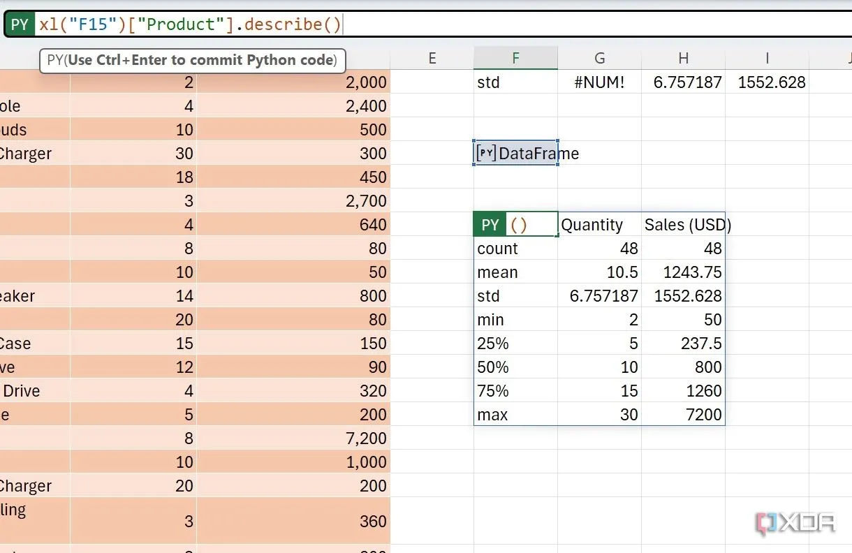 Hiển thị kết quả thống kê mô tả dữ liệu từ Python trong Excel