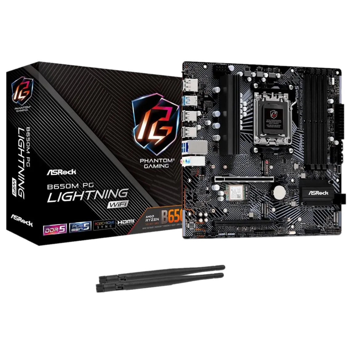 Hình ảnh bo mạch chủ ASRock B650M PG Lightning WiFi với các khe M.2 và VRM, cho thấy thiết kế của một mainboard tầm trung hiệu quả cho game thủ