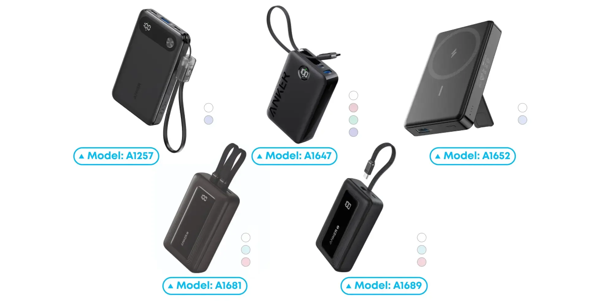 Hình ảnh các mẫu sạc dự phòng Anker A1257, A1647, A1652, A1681, A1689 bị Anker thu hồi do lỗi pin lithium-ion tiềm ẩn nguy cơ cháy nổ.