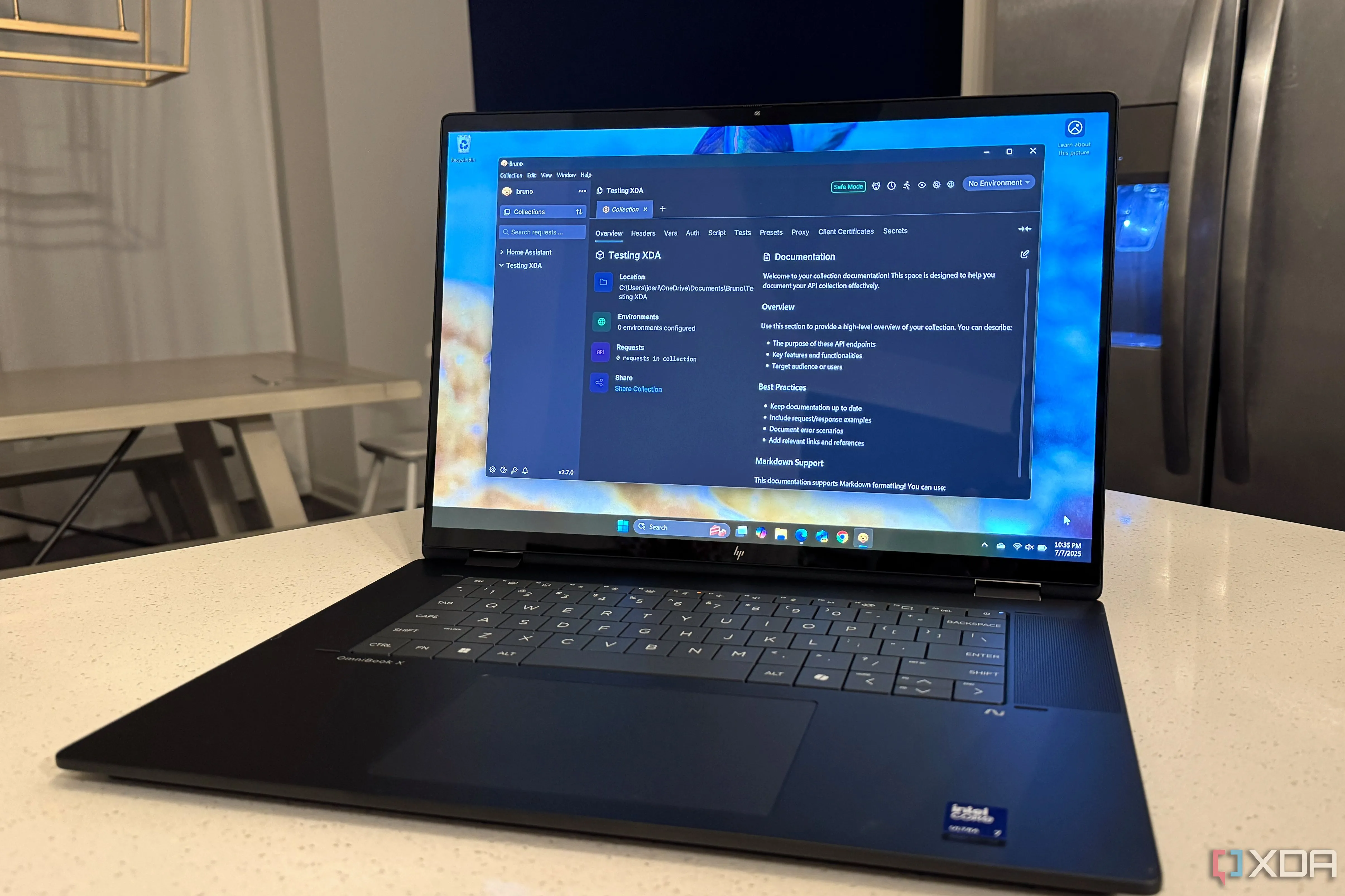 Hình ảnh công cụ Bruno trên màn hình laptop, minh họa quá trình làm việc với API để tích hợp RESTful Sensor trong Home Assistant.
