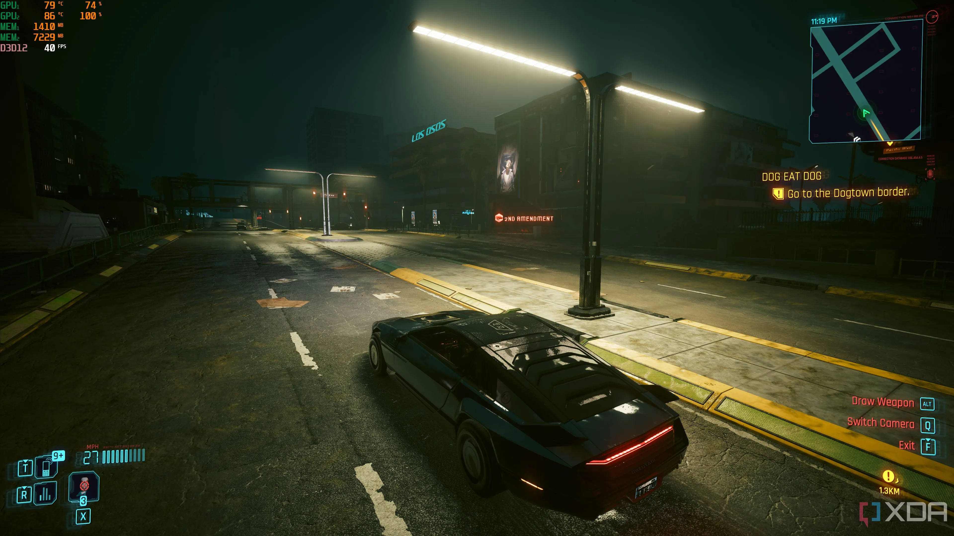 Hình ảnh game Cyberpunk 2077 đang chạy với Lossless Scaling được kích hoạt trên cấu hình hai GPU