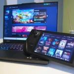 Hình ảnh laptop và Steam Deck hiển thị giao diện Steam, minh họa cho việc truy cập và quản lý tài khoản Steam an toàn.