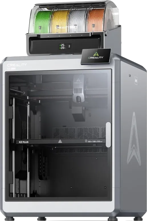 Hình ảnh minh họa máy in 3D Creality K2 Plus Combo với vỏ trong suốt
