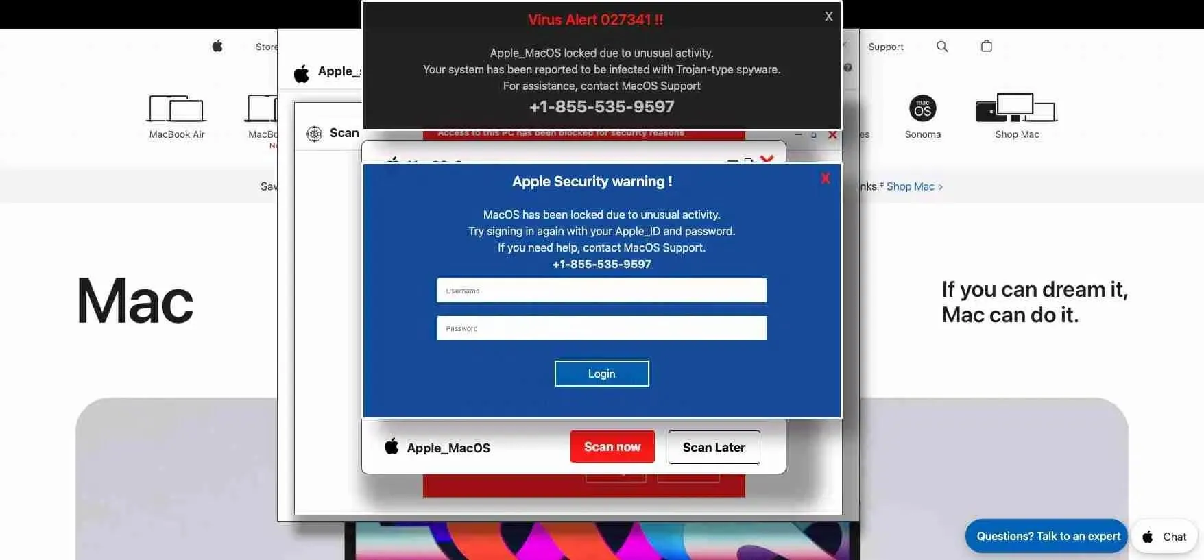 Hình ảnh minh họa về một cuộc tấn công lừa đảo (phishing) trên máy Mac, cho thấy sự tinh vi của kẻ gian trong việc đánh cắp thông tin.