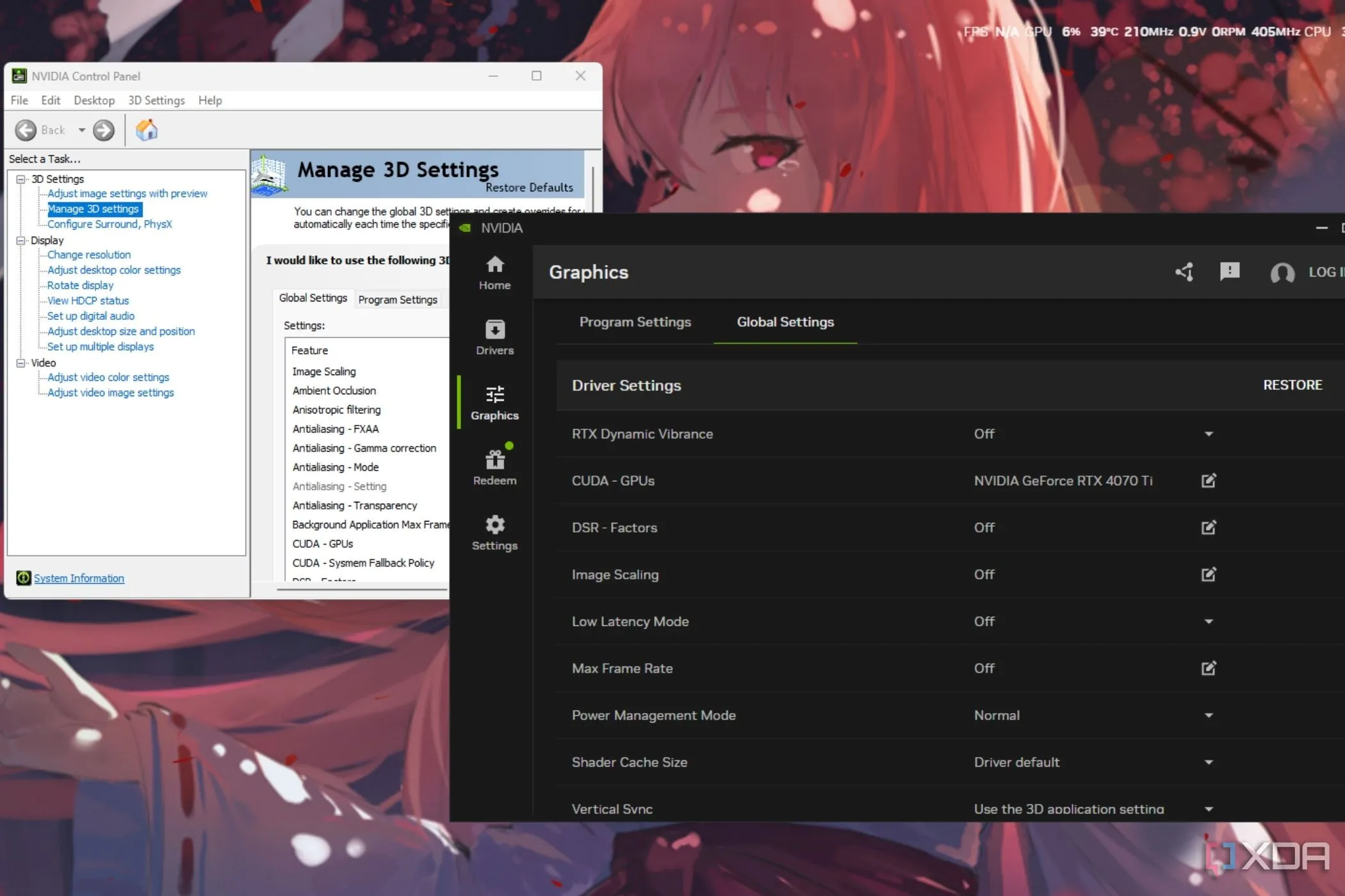 Hình ảnh so sánh cài đặt tổng thể Nvidia trong Control Panel và Nvidia App