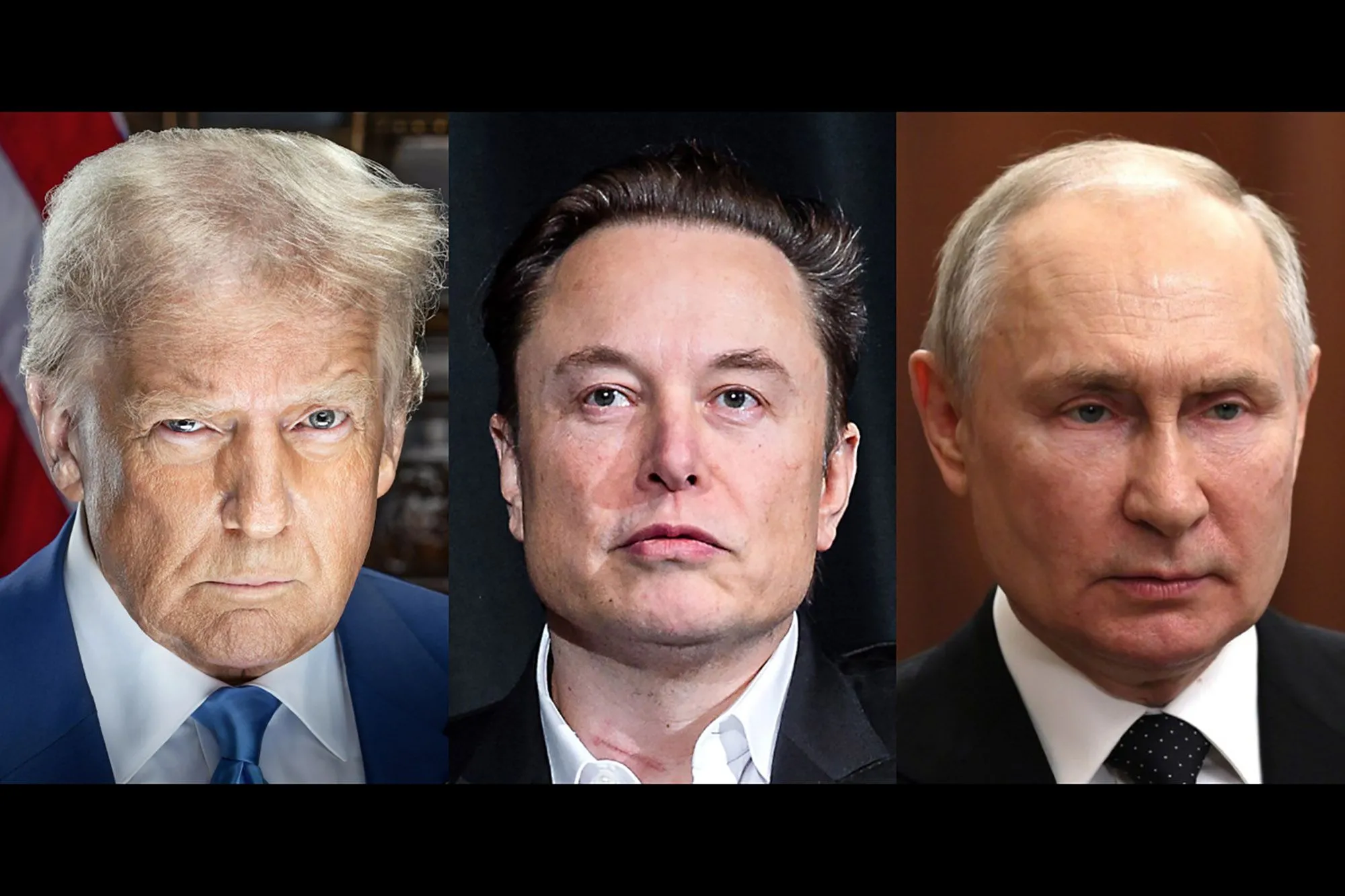 Hình ảnh tổng hợp của cựu Tổng thống Trump, Elon Musk và Tổng thống Putin, biểu trưng cho các nhân vật có ảnh hưởng trong cuộc chiến thông tin toàn cầu