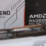 Hộp sản phẩm card đồ họa ASRock Radeon RX 9070 XT Steel Legend với thiết kế ấn tượng