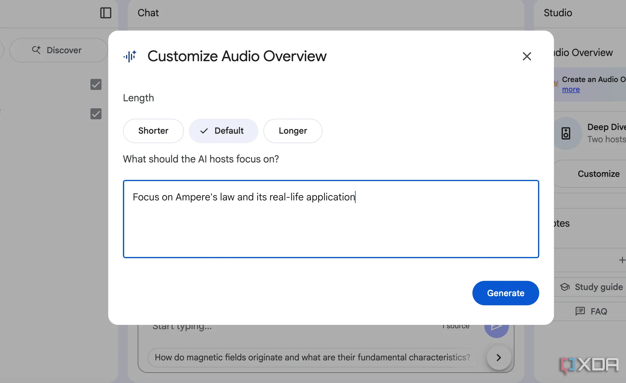 Hộp văn bản &quot;What should the AI hosts focus on?&quot; trong NotebookLM cho phép người dùng nhập yêu cầu trọng tâm cho Audio Overview.
