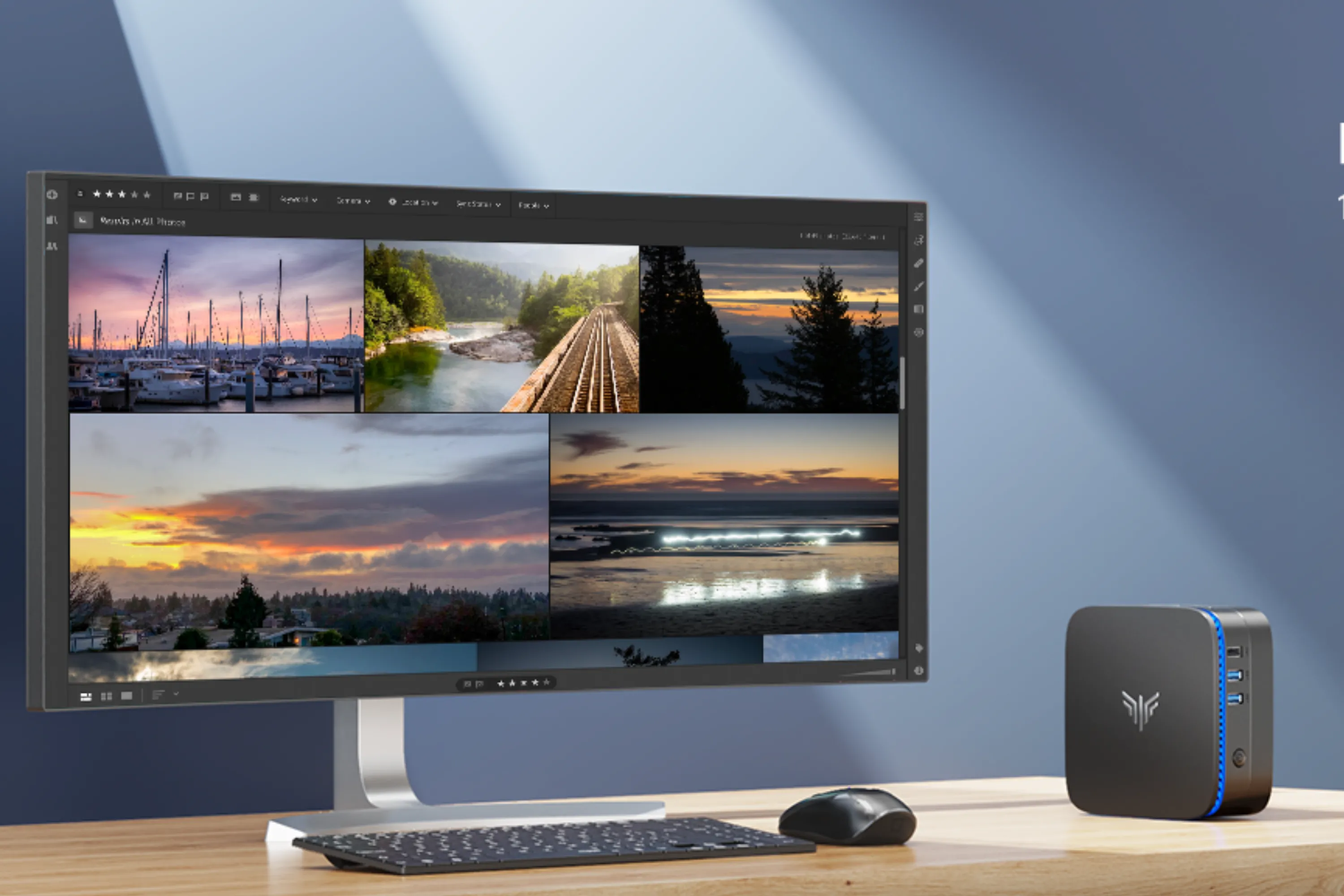 Kamrui Mini PC với màn hình kép và không gian làm việc tối giản