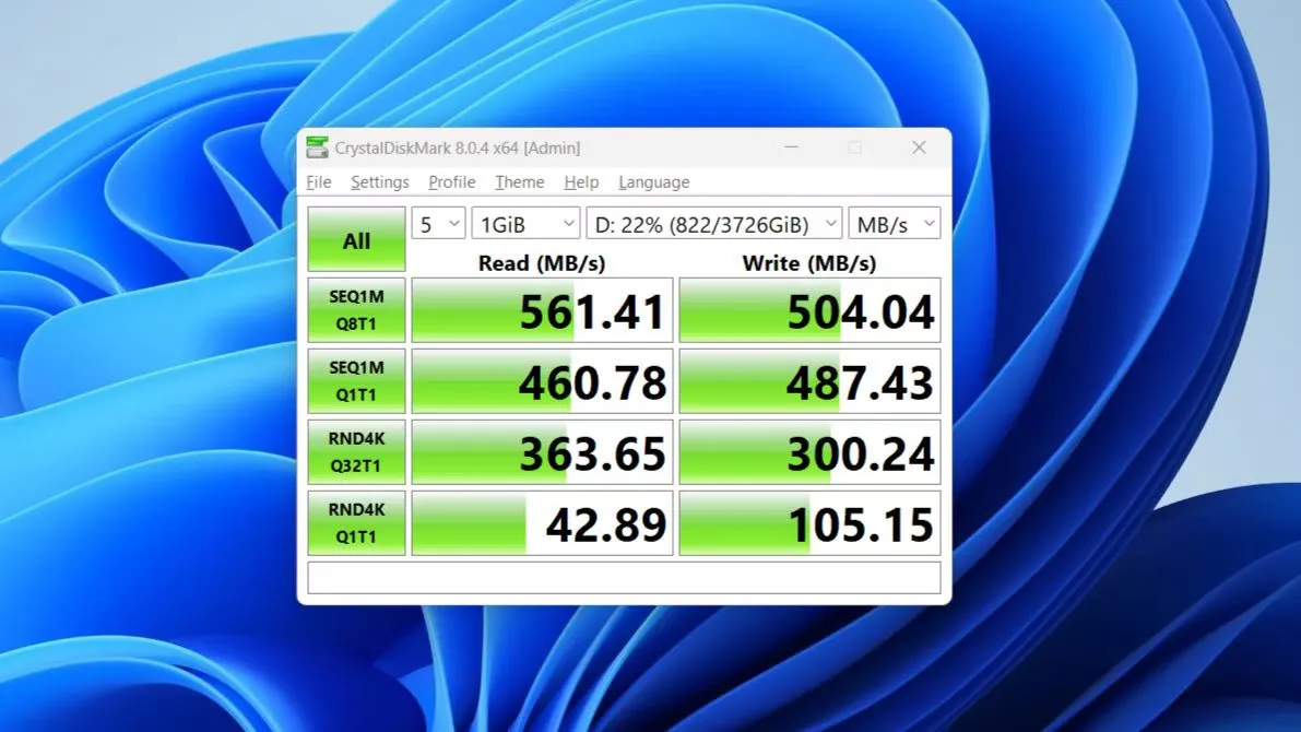 Kết quả kiểm tra tốc độ CrystalDiskMark của ổ cứng Crucial MX500 SATA SSD, cho thấy hiệu năng đủ tốt cho các tác vụ cache thông thường.