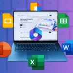 Laptop hiển thị so sánh giao diện Microsoft 365 Online và Google Docs, làm nổi bật các ứng dụng văn phòng của cả hai hệ sinh thái.