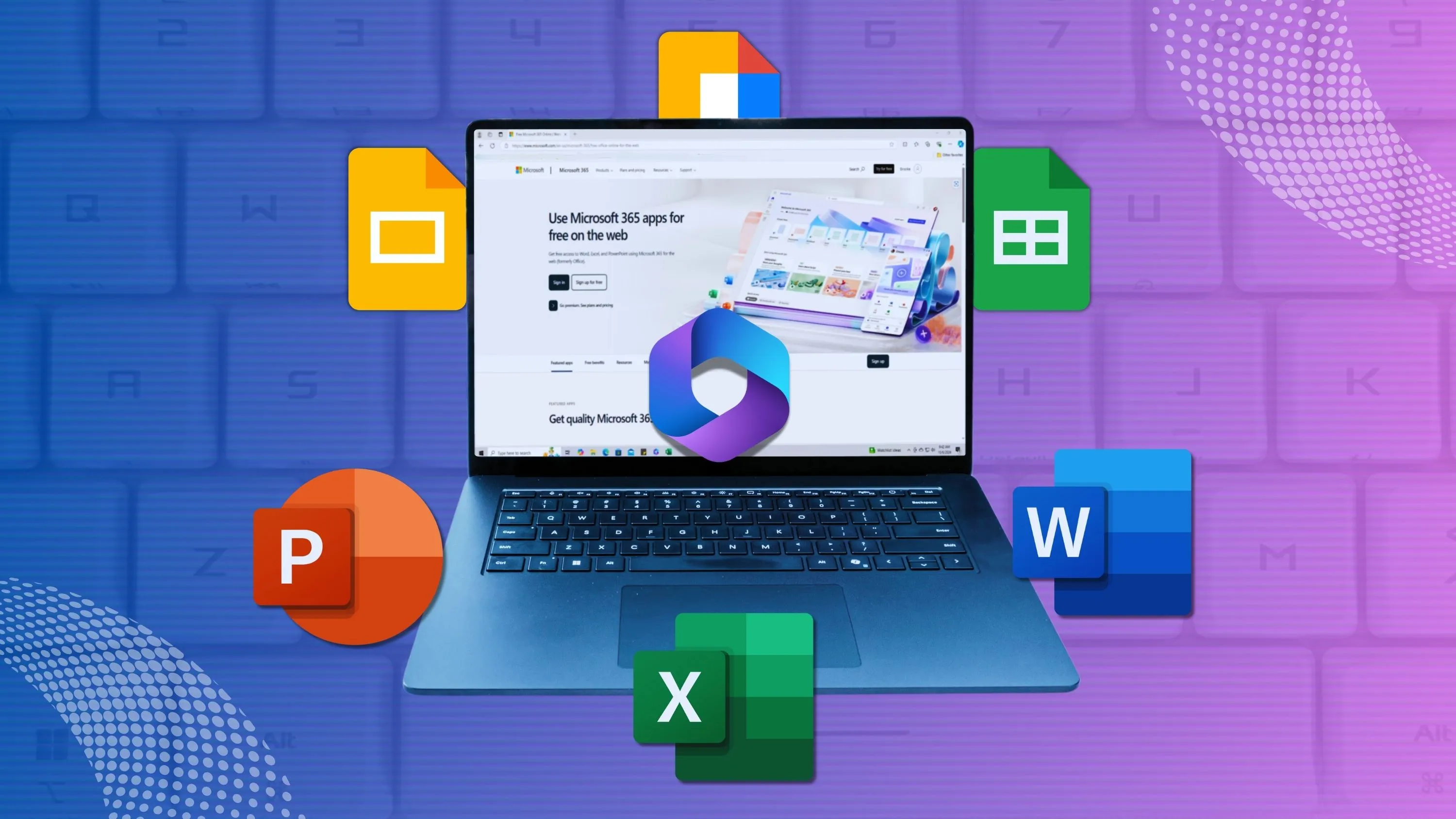 Laptop hiển thị so sánh giao diện Microsoft 365 Online và Google Docs, làm nổi bật các ứng dụng văn phòng của cả hai hệ sinh thái.