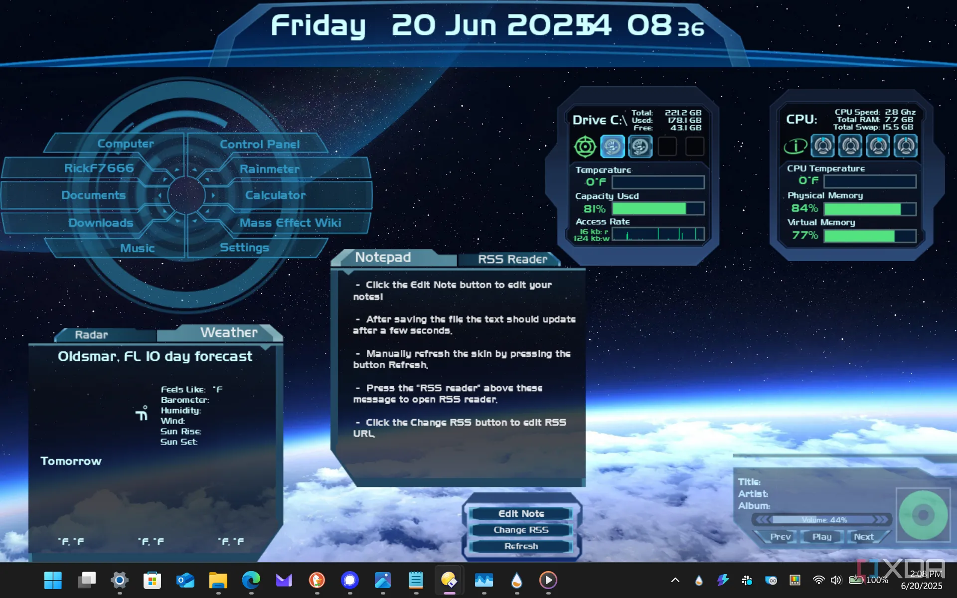 Laptop Windows 11 hiển thị skin Rainmeter Mass Effect với giao diện hiện đại và các thông số hệ thống