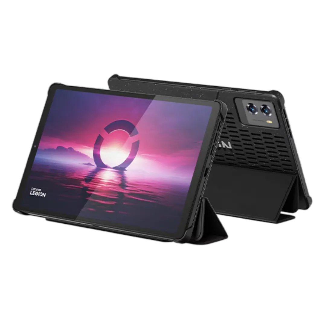 Lenovo Legion Tab Gen 3 màu đen trên bao da có chân đế, trưng bày sự nhỏ gọn và khả năng đứng vững