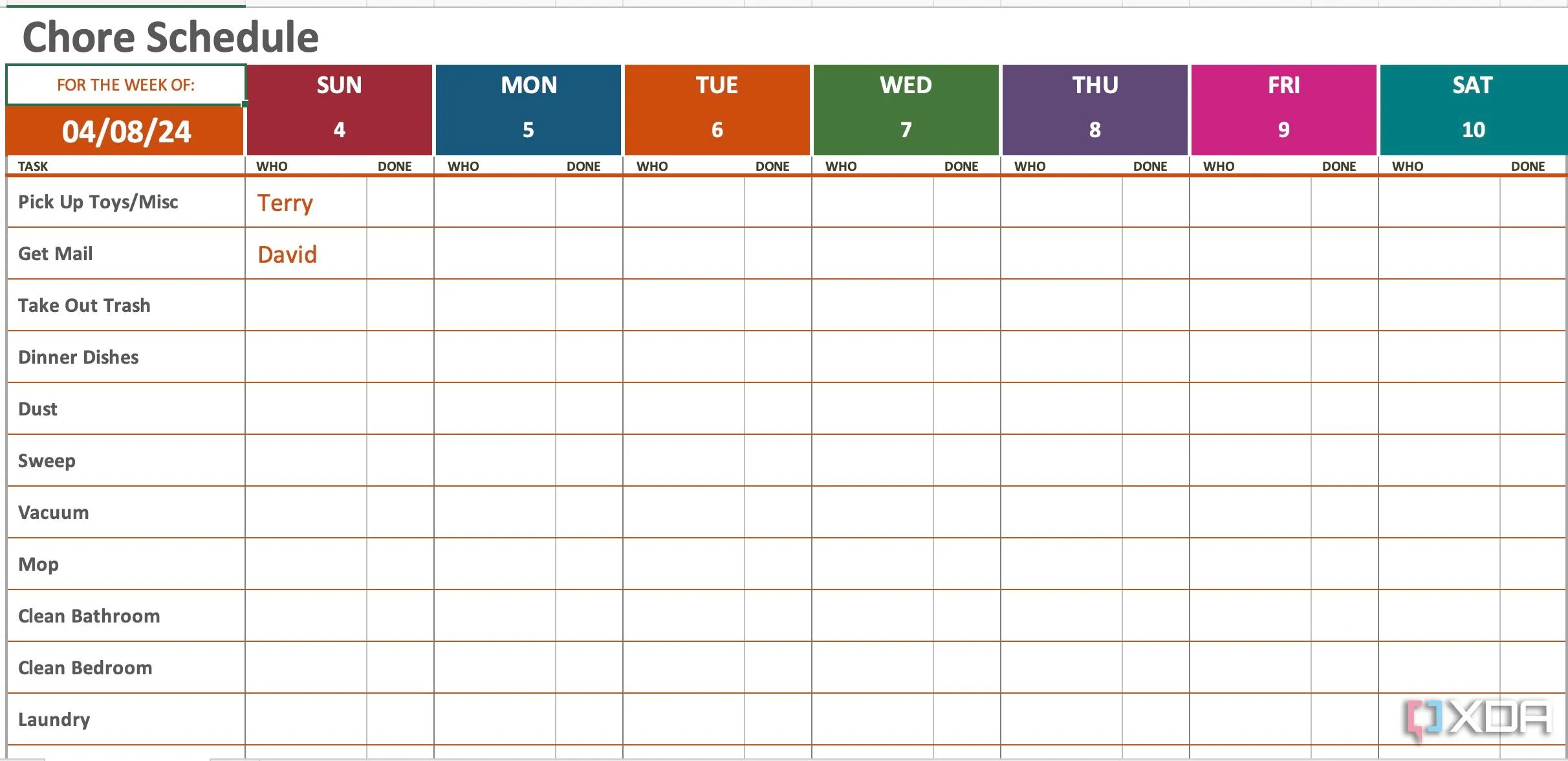 Lịch trình công việc nhà hàng tuần trong Excel