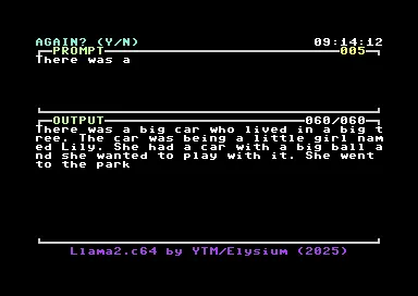 Llama2.c64 tạo truyện thiếu nhi trên màn hình Commodore 64