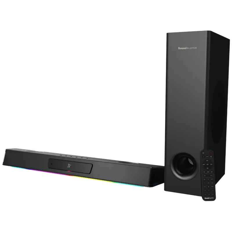 Loa soundbar Creative Sound Blaster Katana V2X màu đen với loa siêu trầm bên cạnh.