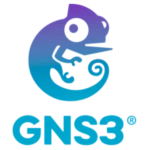 Logo phần mềm GNS3 (Graphical Network Simulator 3) nổi bật với biểu tượng mạng và tên thương hiệu.