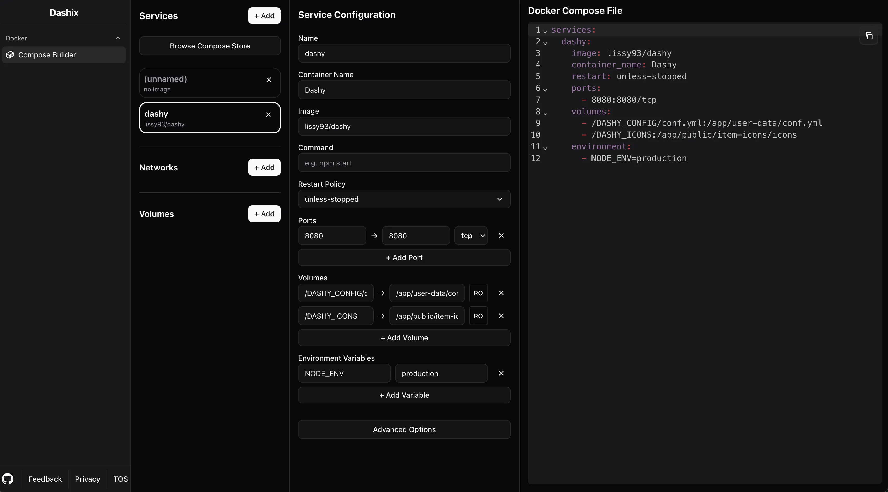 Mã Docker Compose được tạo tự động bởi Dashix cho các môi trường triển khai