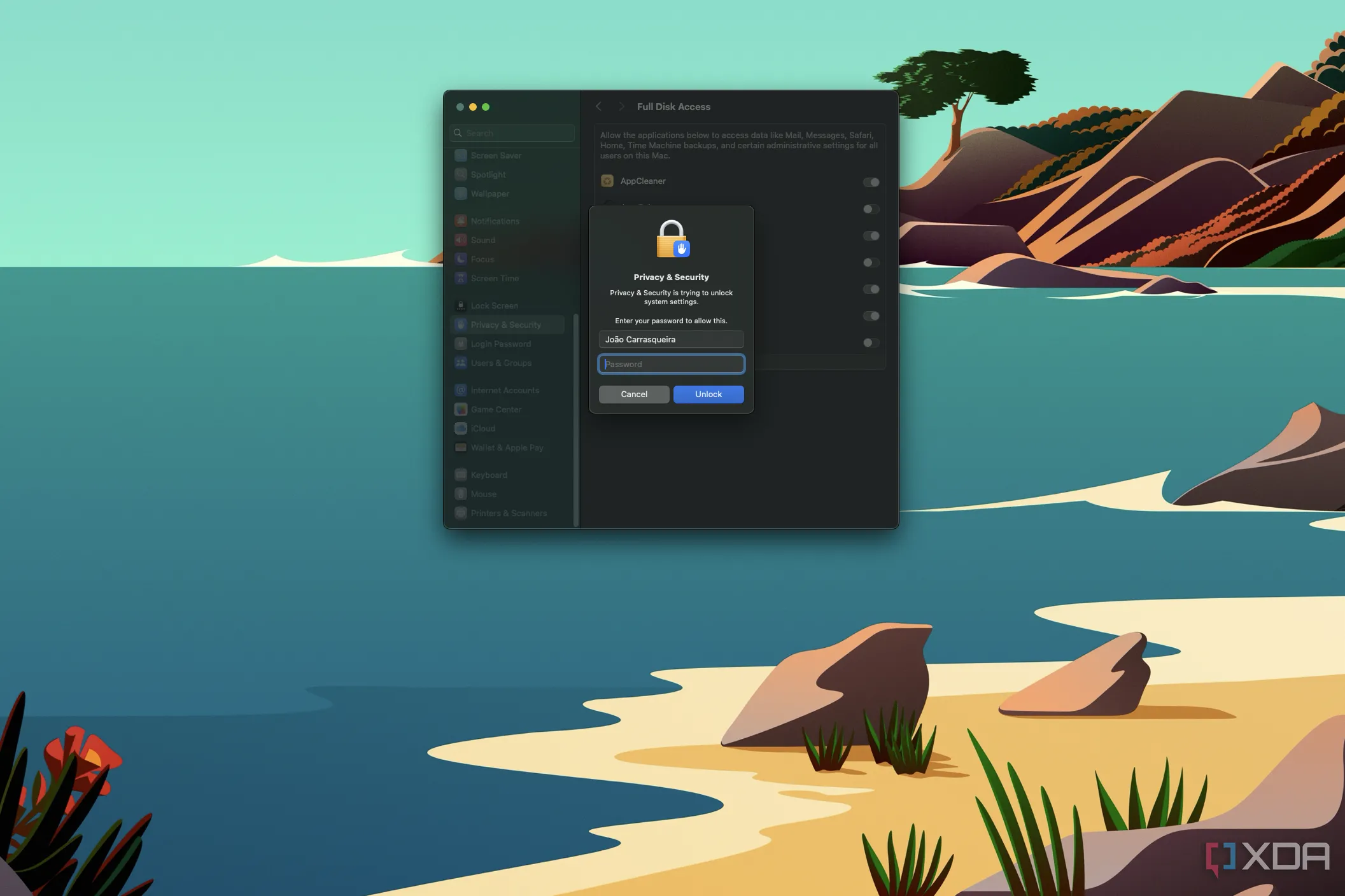 macOS yêu cầu mật khẩu người dùng để thay đổi quyền truy cập đĩa đầy đủ