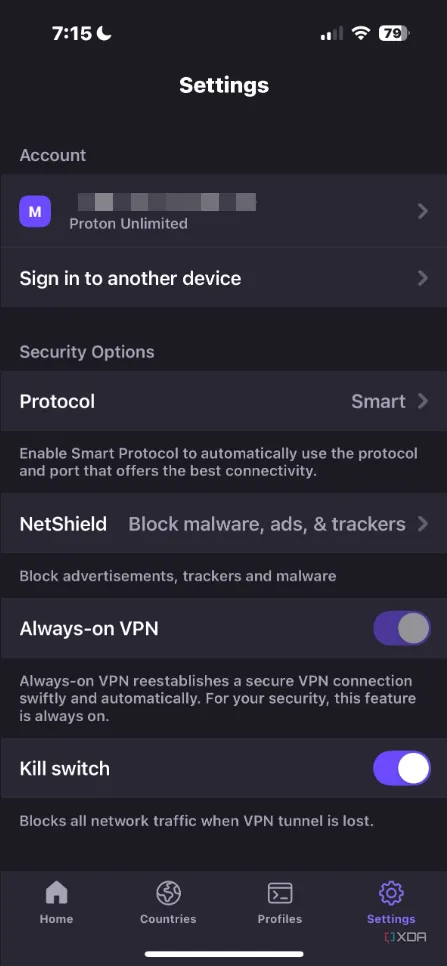 Màn hình cài đặt chính của Proton VPN