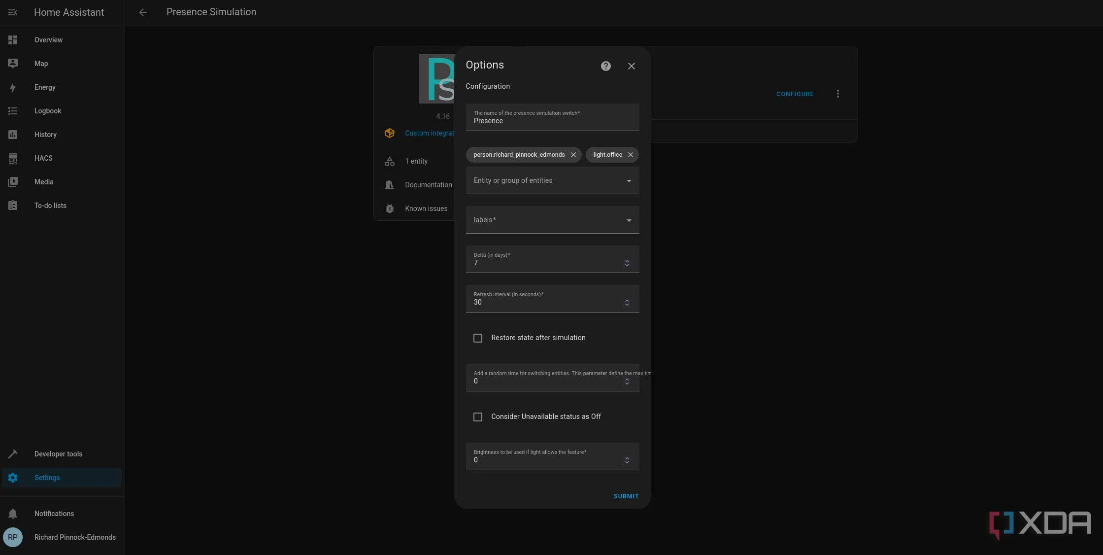 Màn hình cài đặt tiện ích Presence Simulation trong Home Assistant