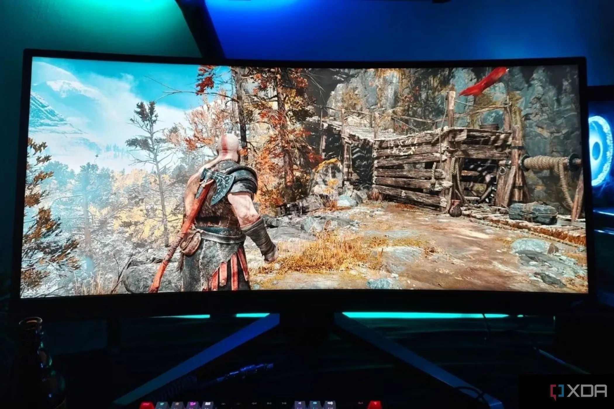 Màn hình cong siêu rộng BenQ Mobiuz EX3415R hiển thị trò chơi God Of War