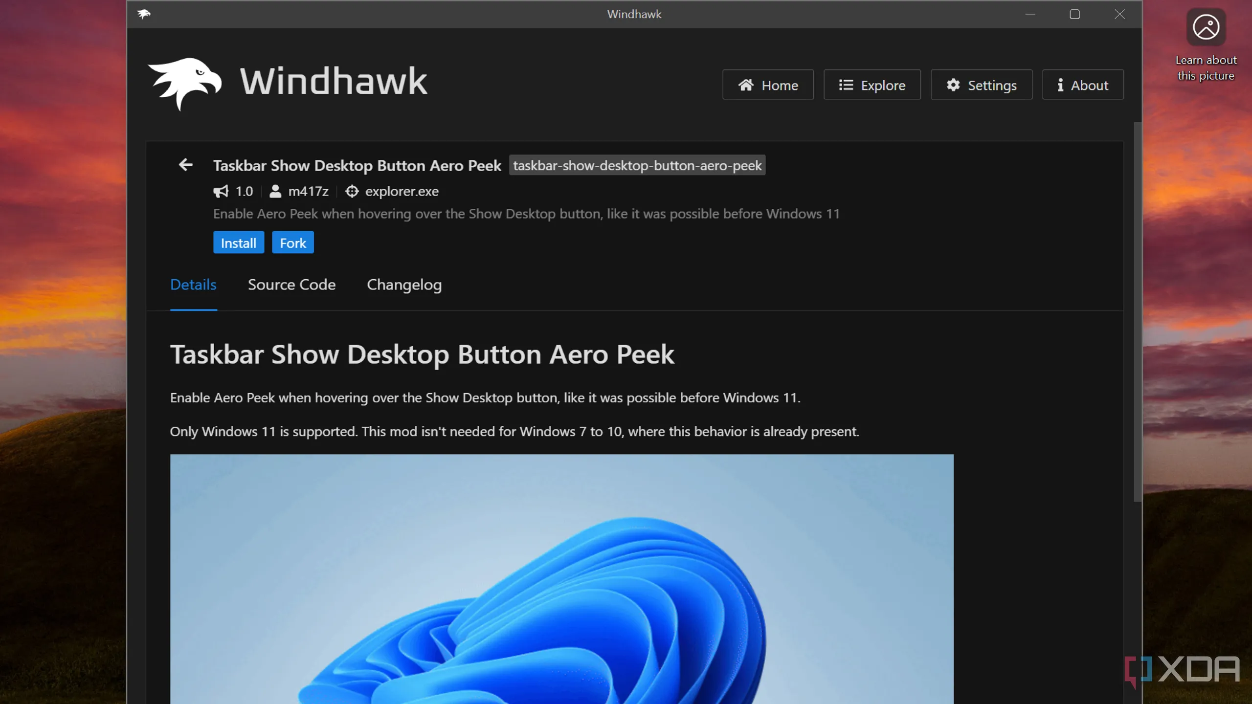 Màn hình desktop Windows 11 hiển thị khi di chuột vào góc thanh tác vụ nhờ Windhawk mod