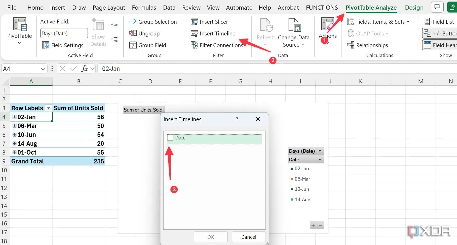 Màn hình Excel hiển thị tùy chọn Insert Timeline (Chèn Dòng thời gian) trong PivotTable Analyze.