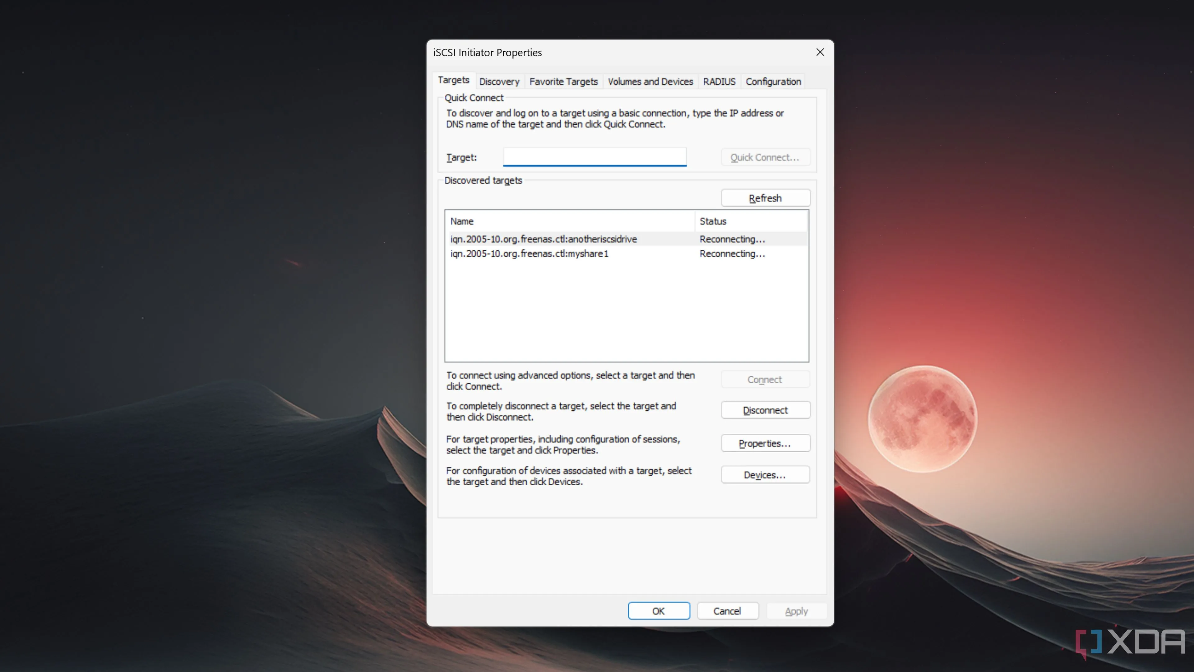 Màn hình giao diện iSCSI Initiator trên Windows 11, hiển thị cách hệ thống nhận diện ổ đĩa iSCSI như một ổ cục bộ.