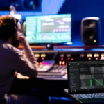 Màn hình laptop hiển thị giao diện phần mềm Dante trong phòng thu âm chuyên nghiệp, minh họa ứng dụng Audio over IP (AoIP)