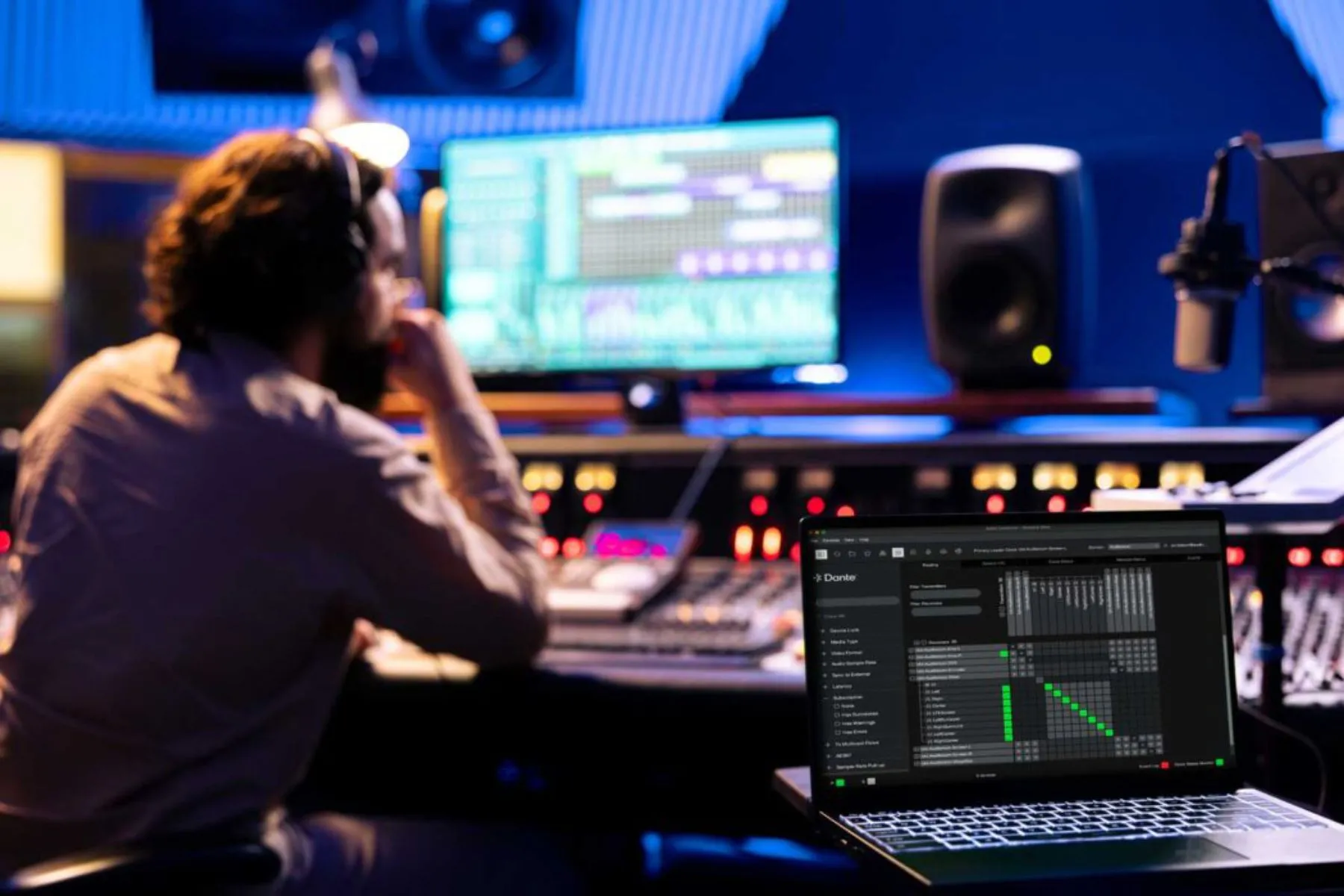 Màn hình laptop hiển thị giao diện phần mềm Dante trong phòng thu âm chuyên nghiệp, minh họa ứng dụng Audio over IP (AoIP)