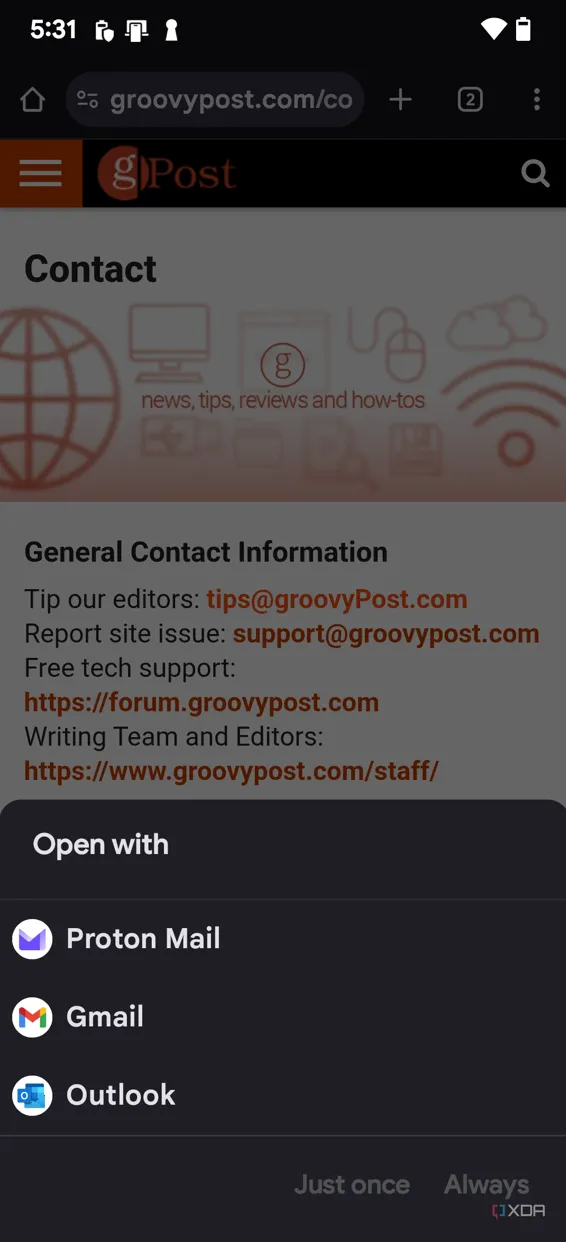 Màn hình lựa chọn ứng dụng mặc định trên Android, với tùy chọn Proton Mail được đánh dấu