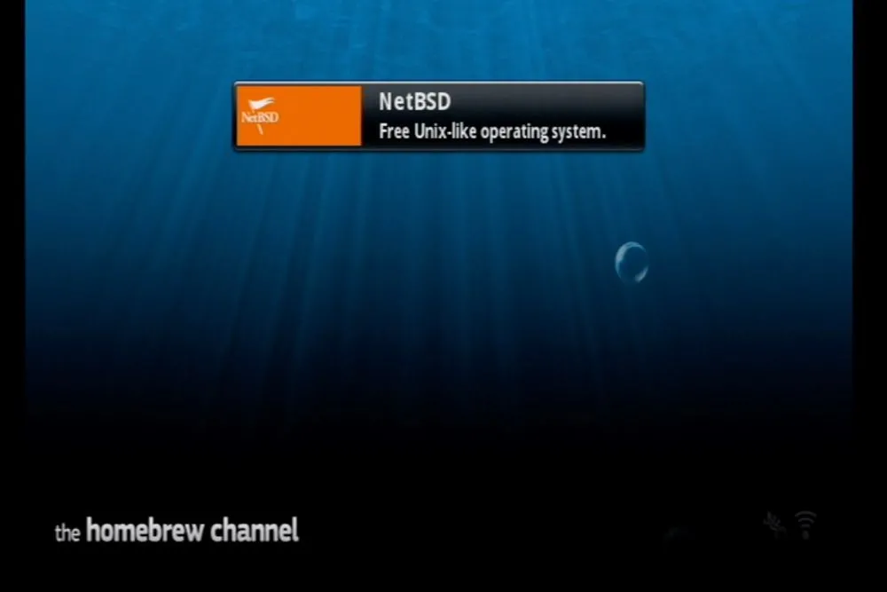 Màn hình Nintendo Wii với giao diện Homebrew Channel, cho thấy khả năng tùy biến để chạy các ứng dụng không chính thức như máy chủ web