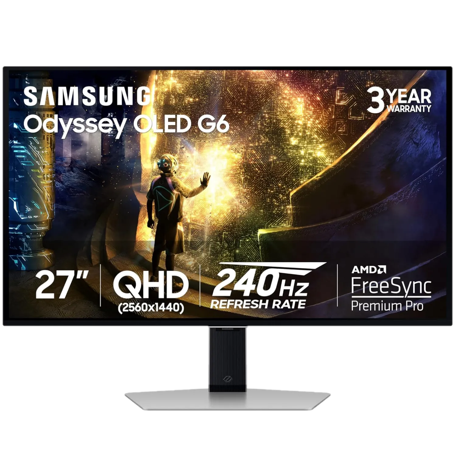 Màn hình Samsung Odyssey QD-OLED G6 với thiết kế viền mỏng và chân đế màu bạc.