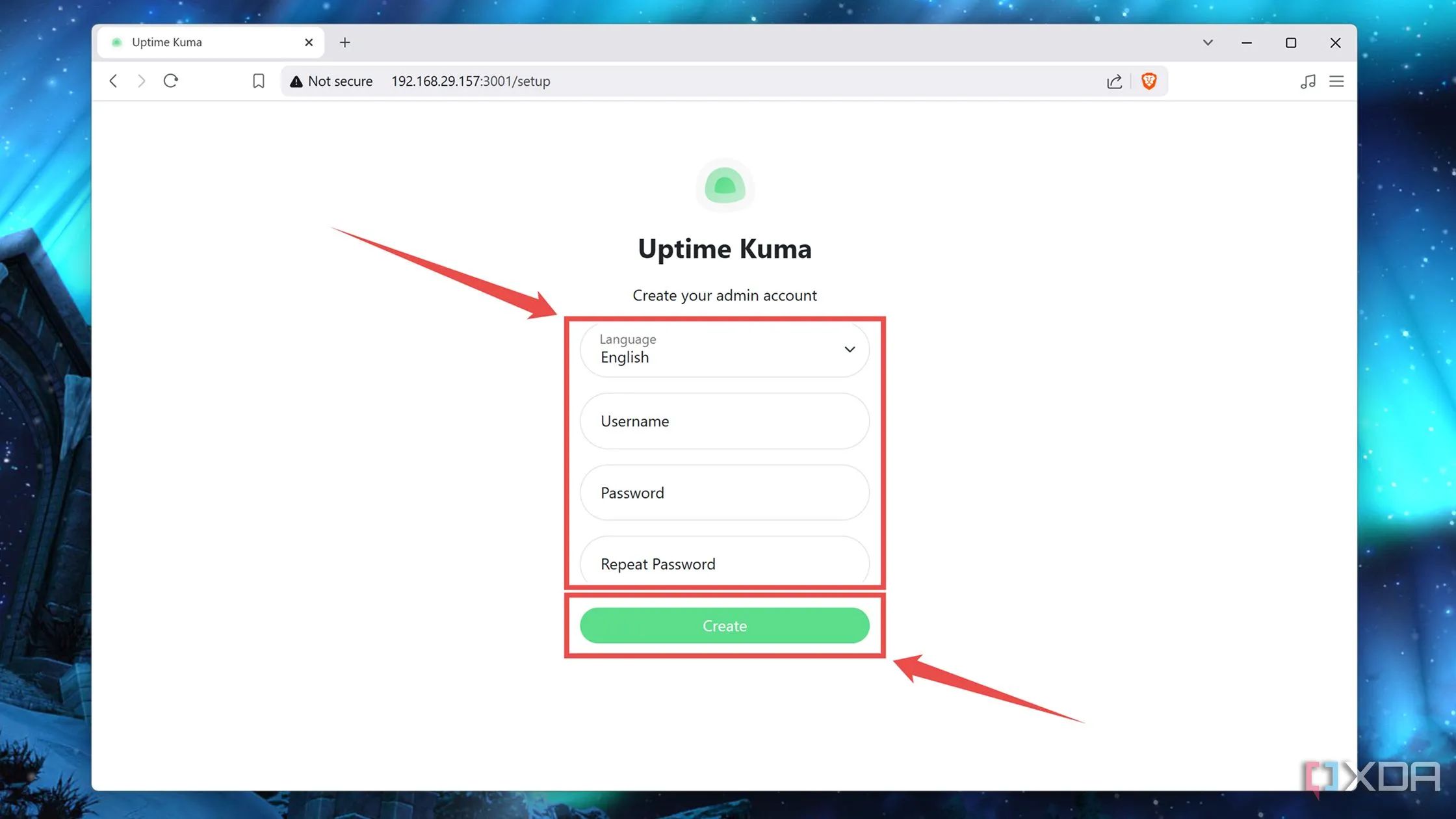 Màn hình tạo tài khoản người dùng Uptime Kuma
