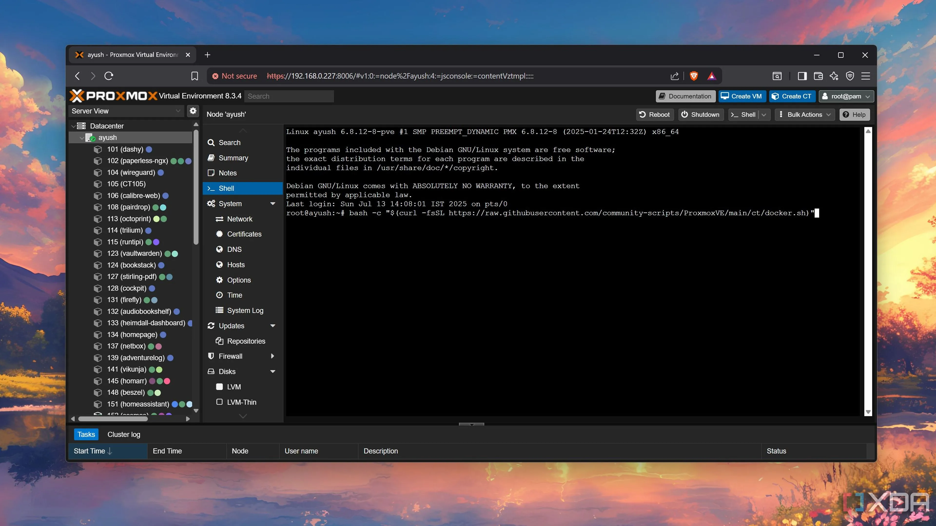 Màn hình terminal đang chạy script để cài đặt Docker trong một container LXC trên Proxmox VE.