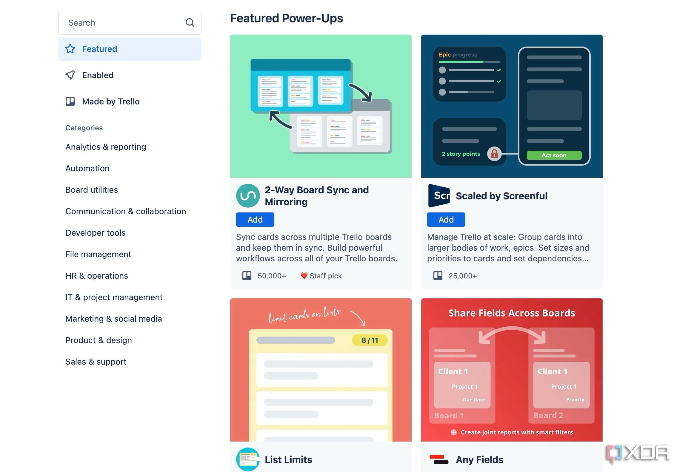 Màn hình tùy chọn Power-ups trong Trello với các ứng dụng tích hợp