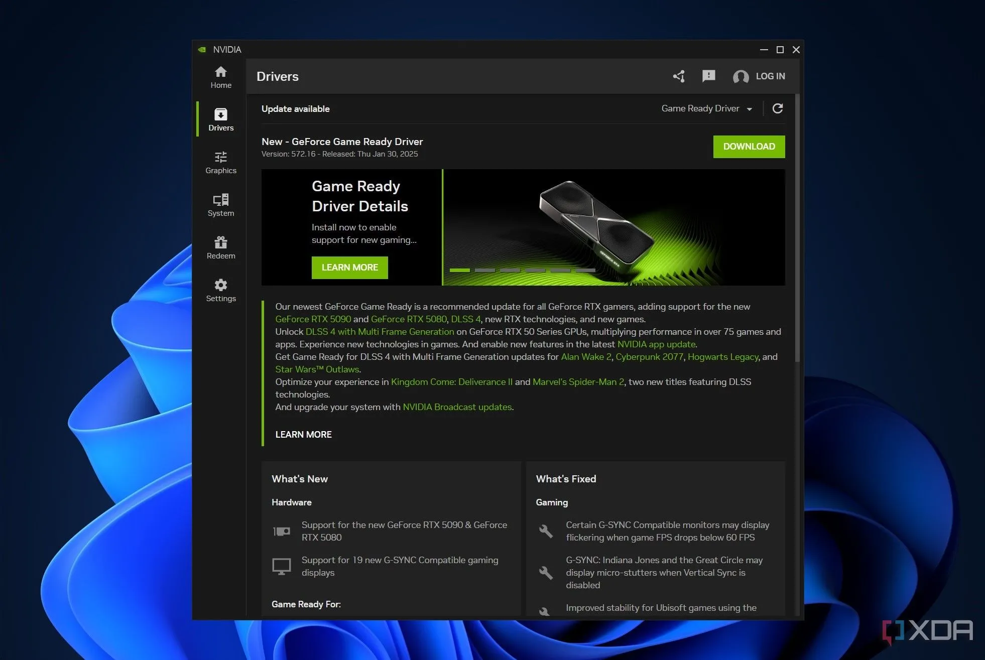Màn hình ứng dụng NVIDIA hiển thị thông báo cập nhật driver đồ họa mới nhất