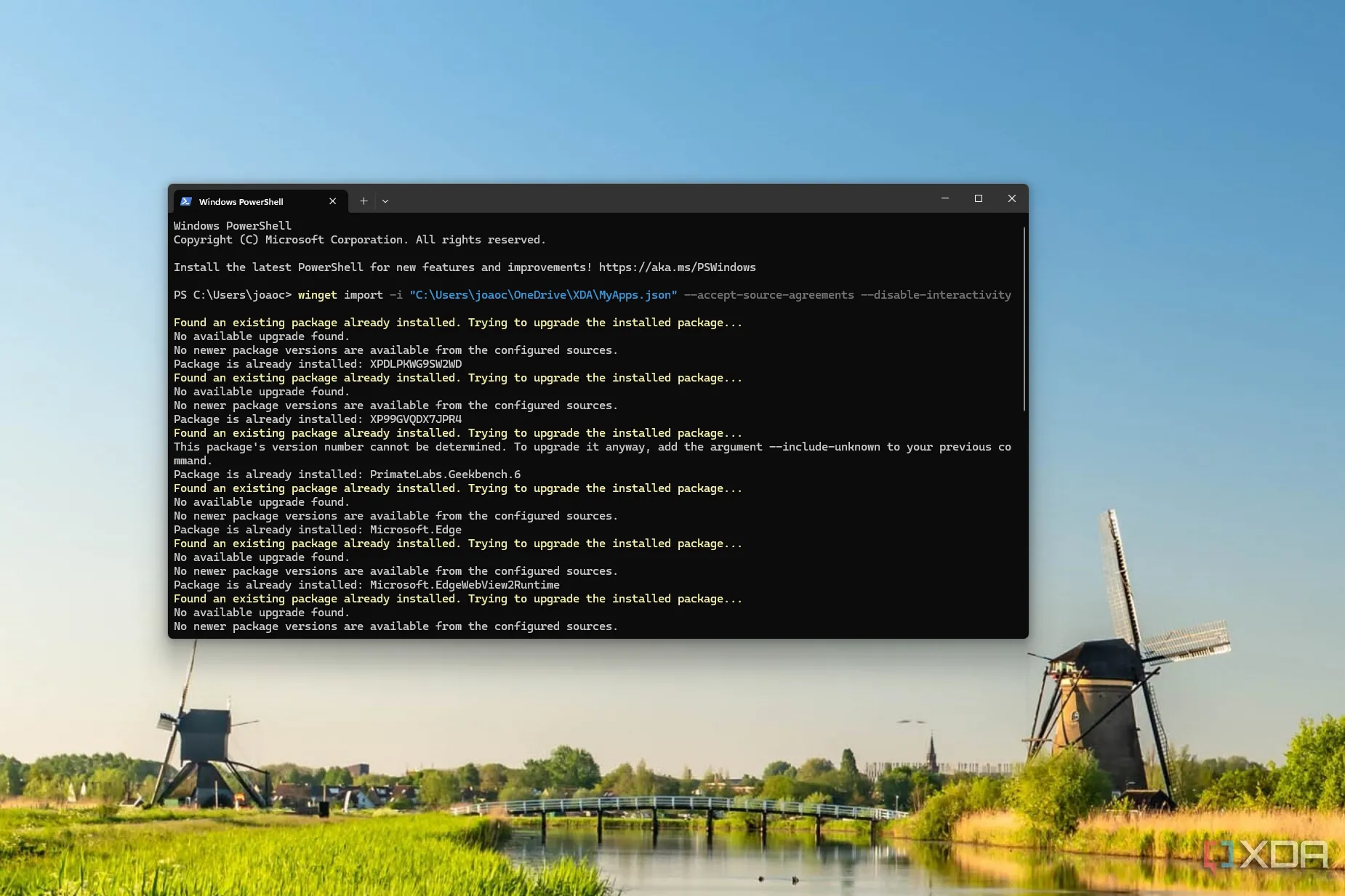 Màn hình Windows Terminal với lệnh winget import đang cài đặt hàng loạt ứng dụng từ tệp sao lưu