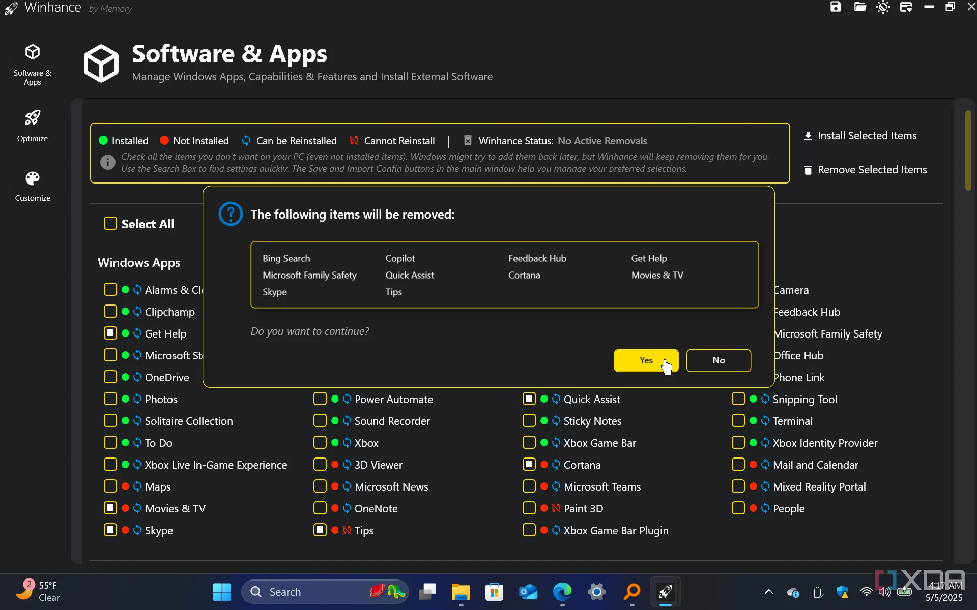 Màn hình Winhance hiển thị các tùy chọn gỡ bỏ tính năng Windows không cần thiết.