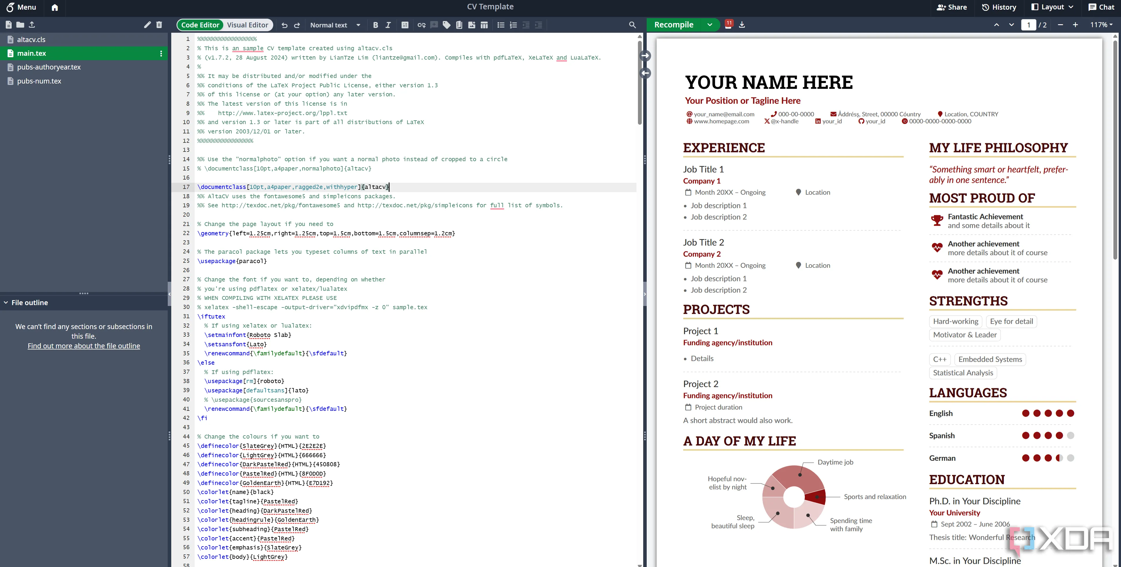 Mẫu CV được hiển thị trên giao diện Overleaf tự host, minh họa khả năng biên dịch tài liệu chuyên nghiệp sau khi cài đặt thành công.