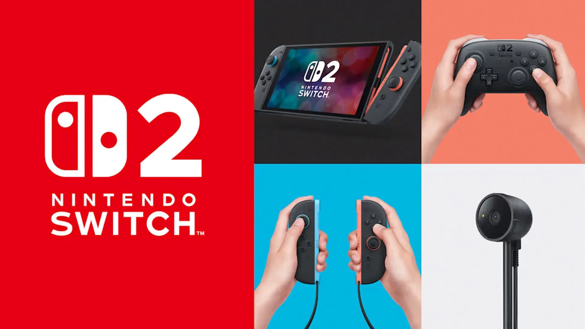 Máy chơi game Nintendo Switch 2 và các phụ kiện đi kèm trên mặt phẳng