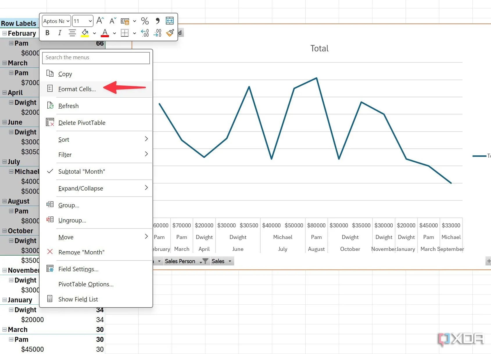 Menu chuột phải hiển thị tùy chọn Format Cells (Định dạng ô) trong Pivot Table Excel.