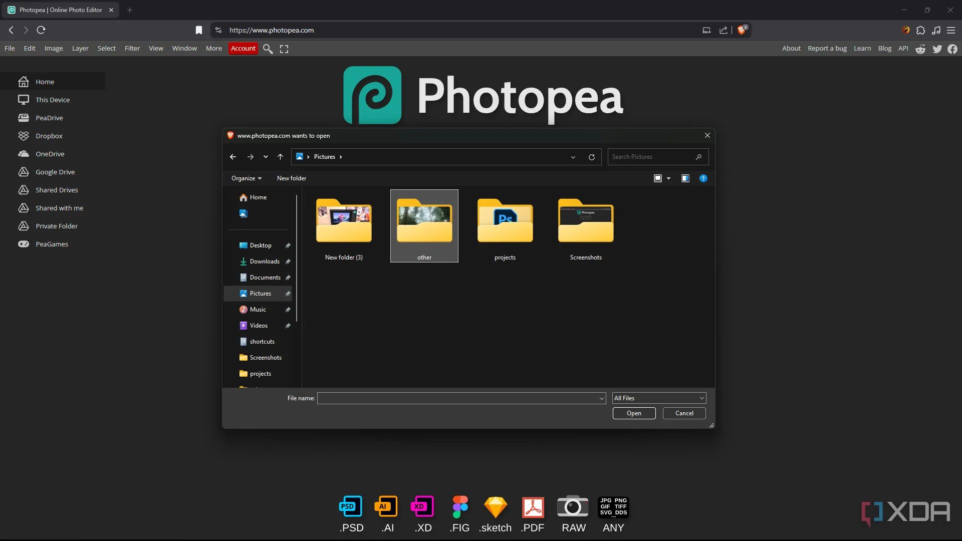 Menu mở và lưu file đa dạng trên Photopea, hỗ trợ nhiều định dạng thiết kế