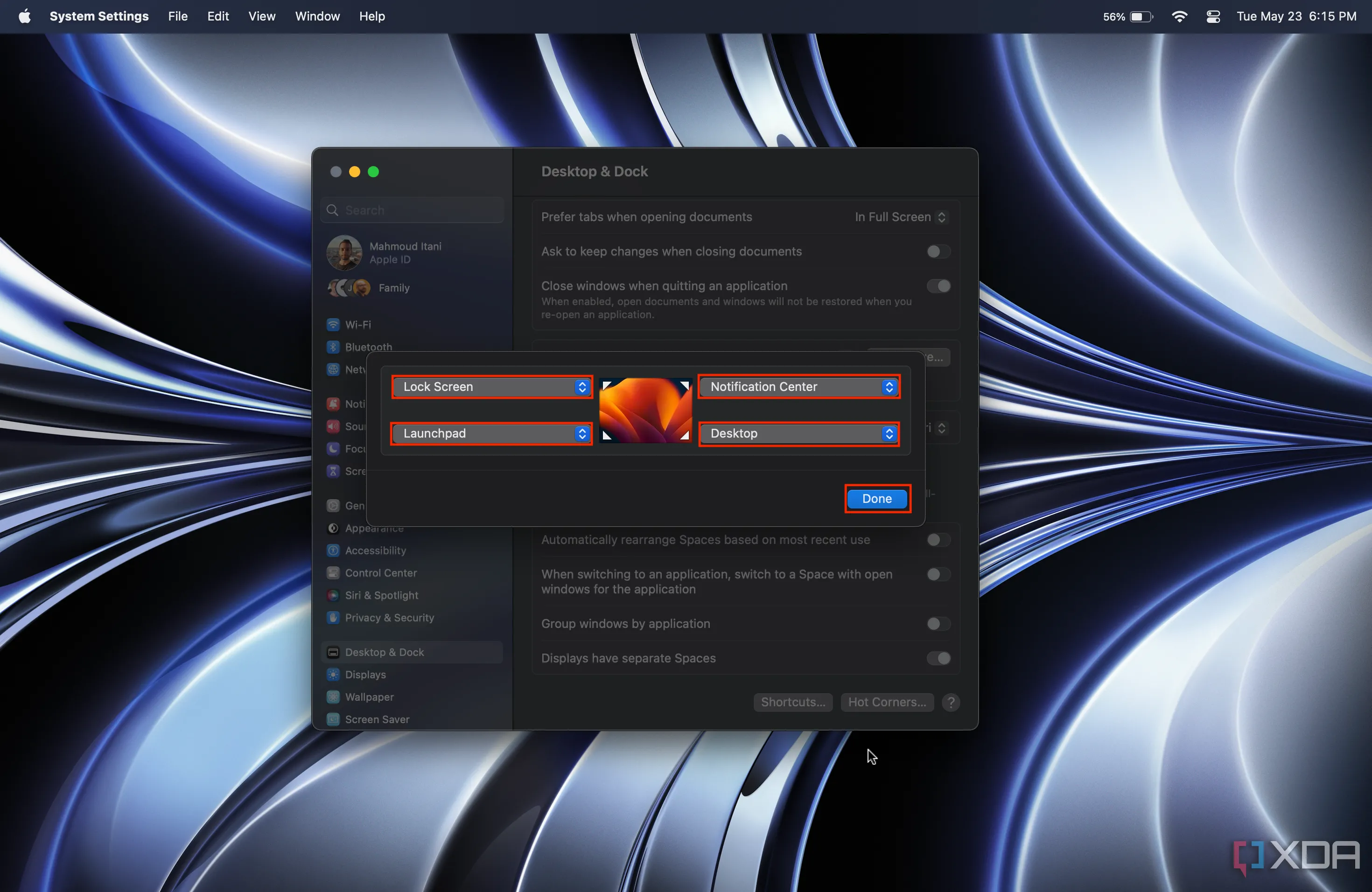 Minh họa bốn góc nóng trên màn hình macOS và nút &quot;Done&quot; để hoàn tất cài đặt
