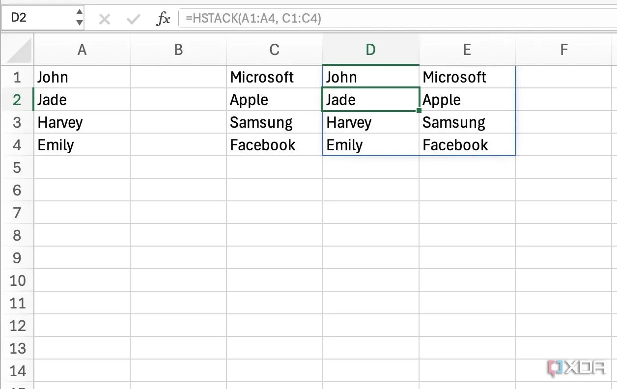 Minh họa cách dùng hàm HSTACK trong Excel để kết hợp dữ liệu từ nhiều cột