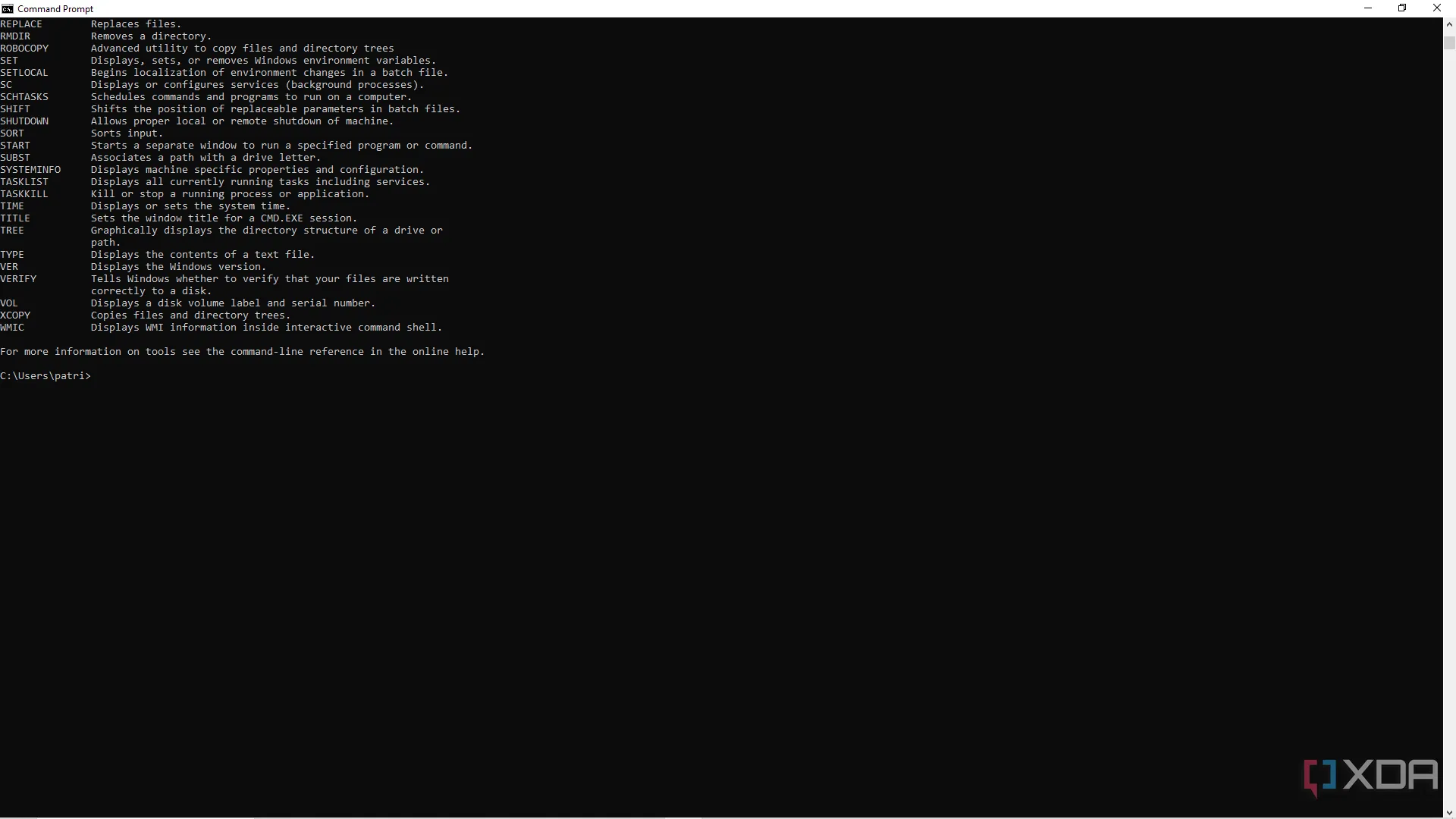 Minh họa cách sử dụng lệnh help trong Command Line, hiển thị danh sách các lệnh và mô tả ngắn gọn